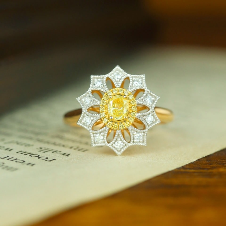 14k Gold 0.43 Ctw Natural Yellow Diamond & Diamond Ring: Ref:231134296 // gold content:14k gold // ring size:7. 25us // // main gemstone:yellow diamond // shape:oval // carat weight:0. 25ct // color:yellow // treatment:natural // // adjacent gemstone 2