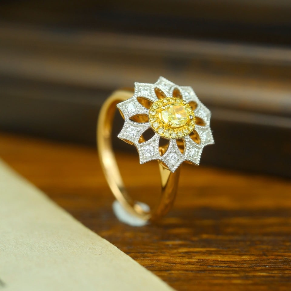 14k Gold 0.43 Ctw Natural Yellow Diamond & Diamond Ring - 2