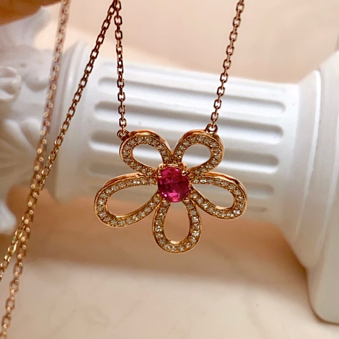 14k Gold 0.48 Ct Natural Ruby & Diamond & Flowers Necklace - 5