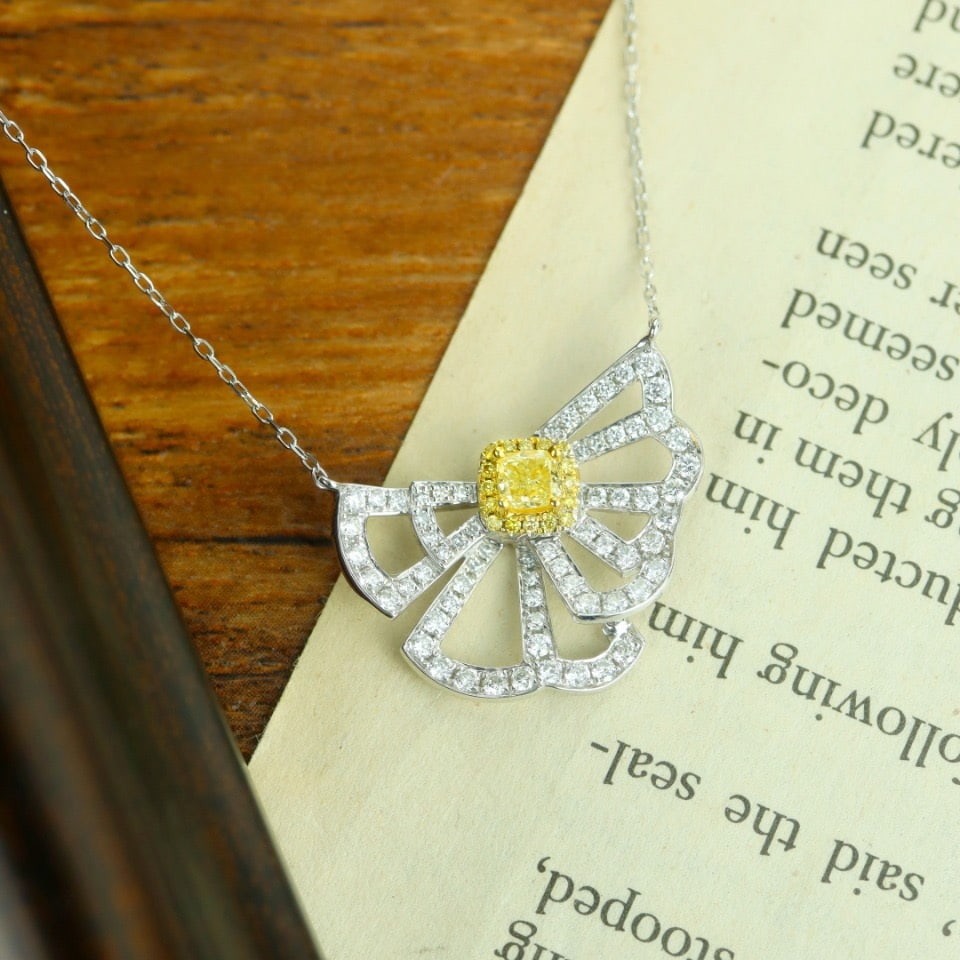 14k Gold 0.84 Ctw Natural Yellow Diamond & Diamond Necklace - 2