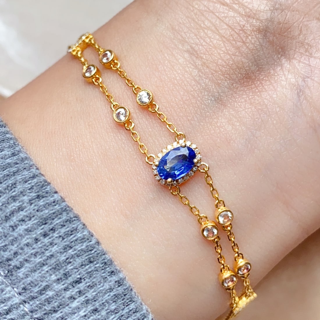 14k Gold 0.70 Ct Natural Sapphire & Diamond & Sapphire Bracelet - 6