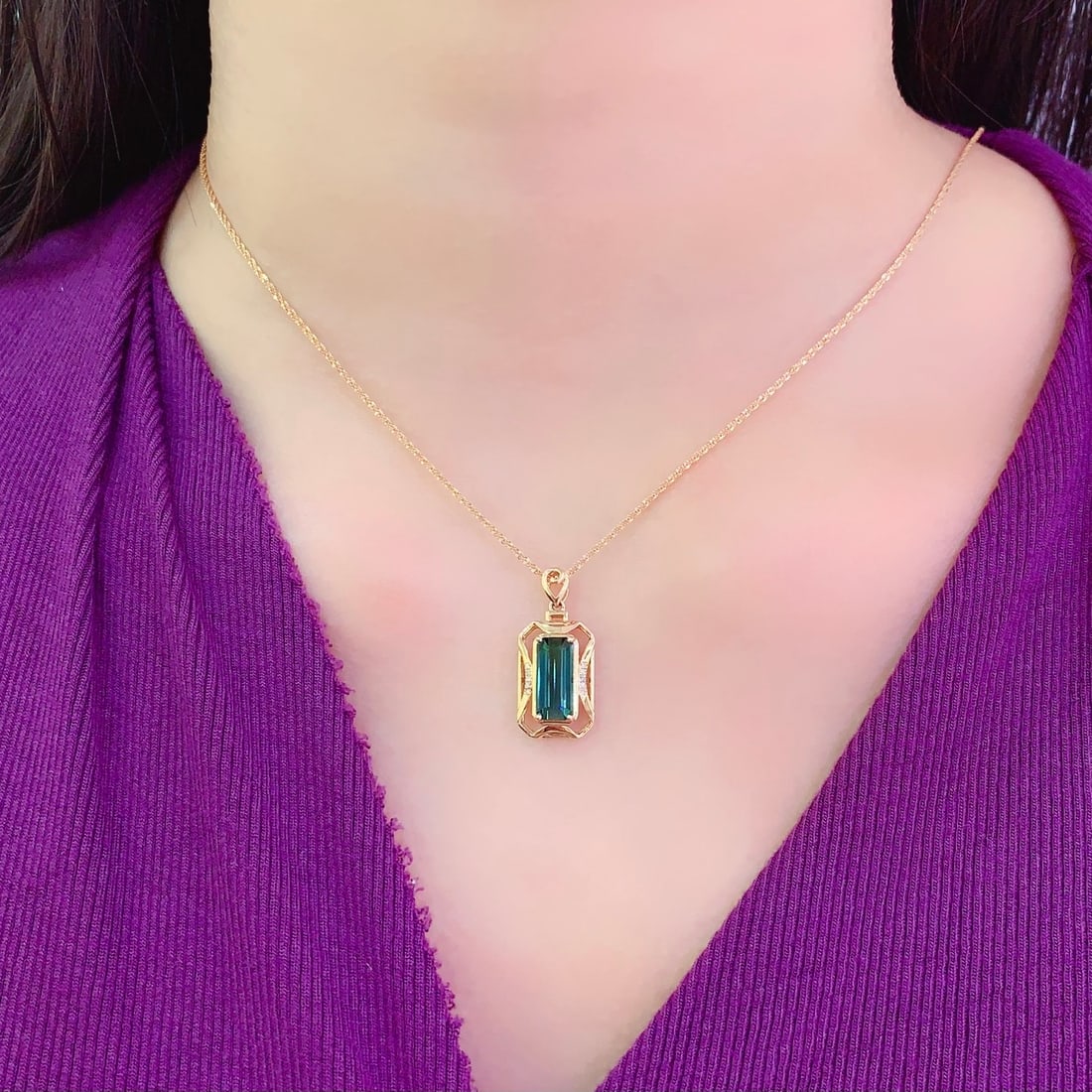 14k Gold 2.25 Ct Natural Tourmaline & Diamond Pendant( Without Chain ) - 6