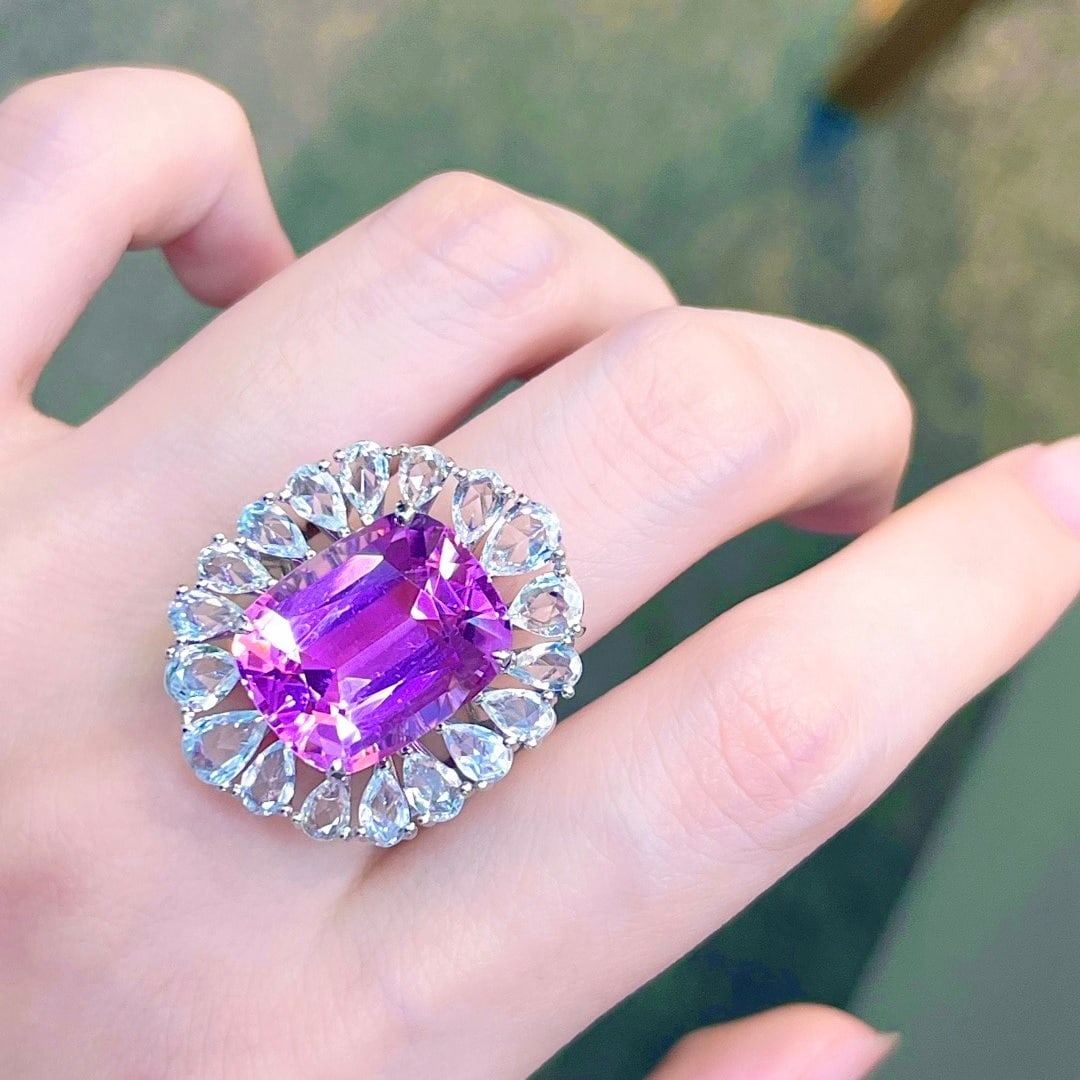 14k Gold 20.03 Ctw Natural Kunzite & Sapphire Ring - 8