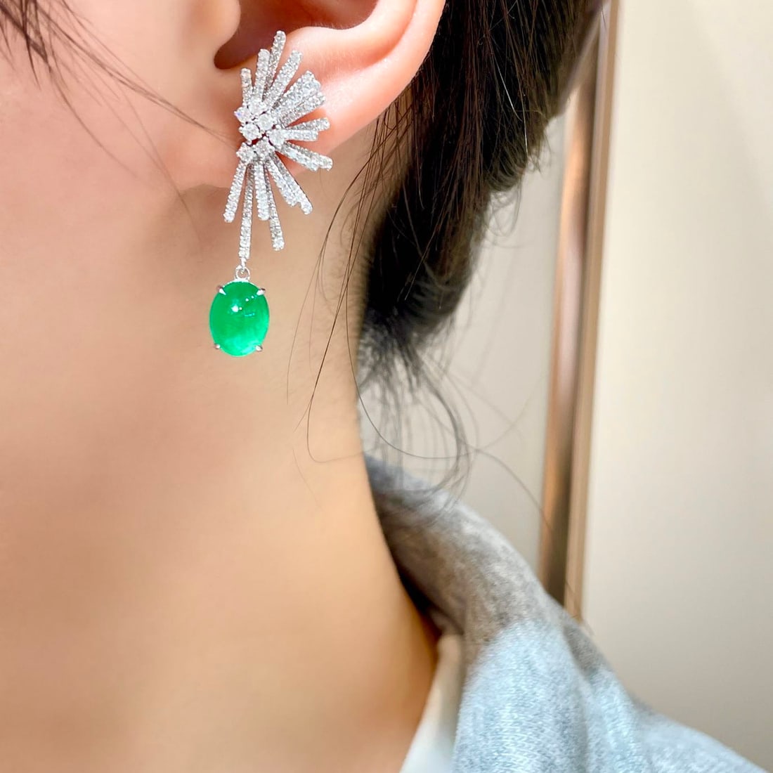 14k Gold 4.2 Ct Natural Emerald & Diamond Earrings - 5