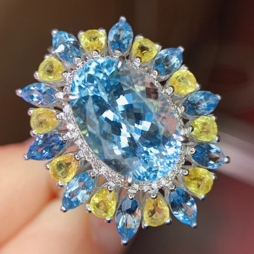 14k Gold 8.8 Ctw Natural Aquamarine & Sapphire Ring/pendant( Without Chain ) - 2