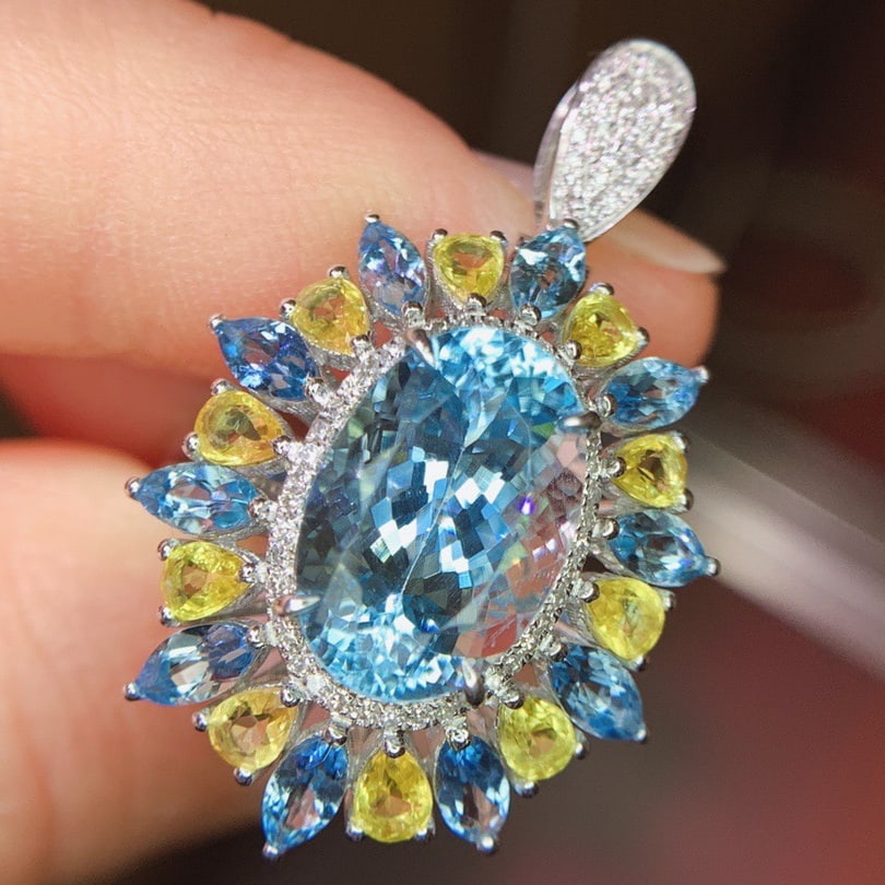 14k Gold 8.8 Ctw Natural Aquamarine & Sapphire Ring/pendant( Without Chain ) - 7