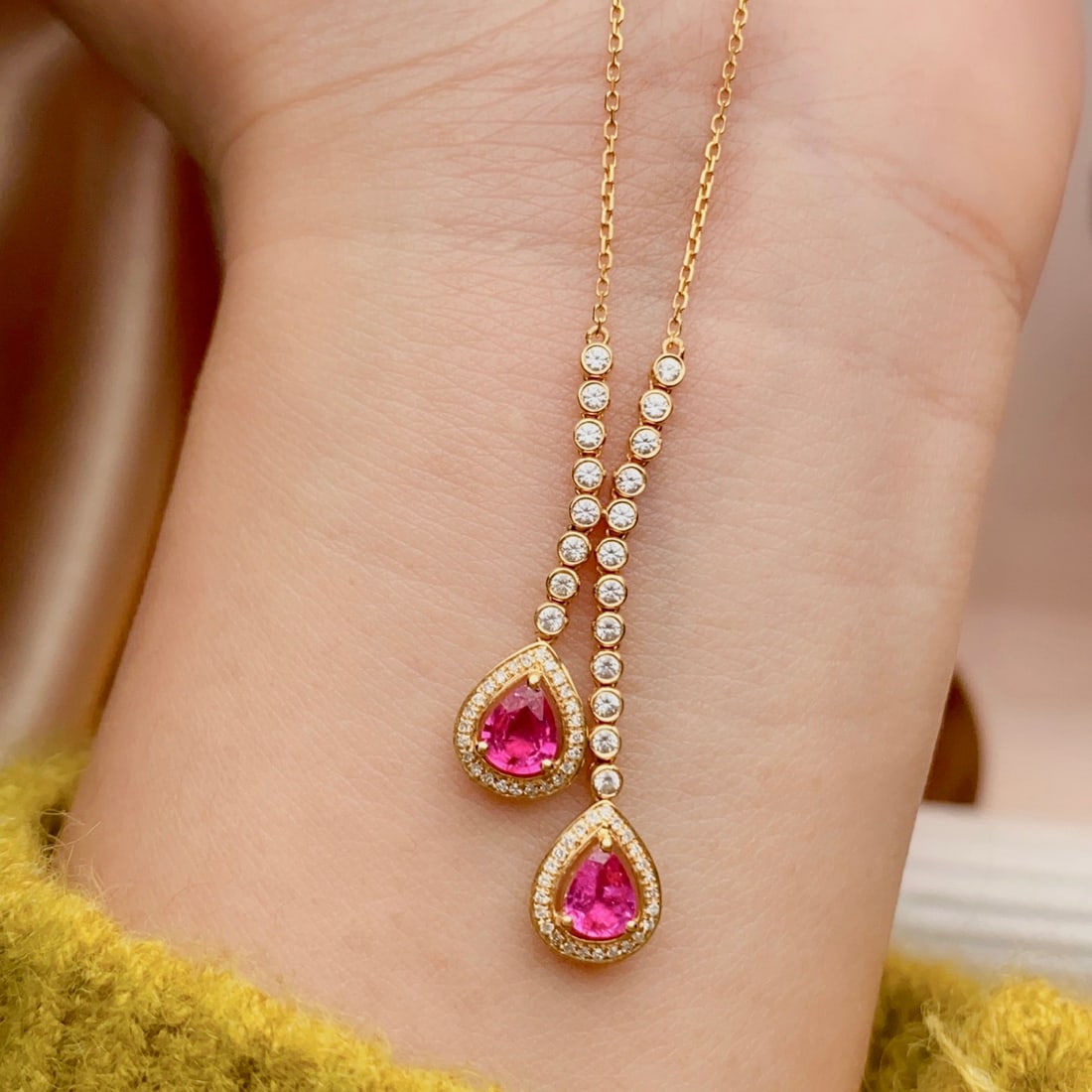 14k Gold 1.00 Ct Natural Ruby & Diamond & Sapphire Necklace - 4