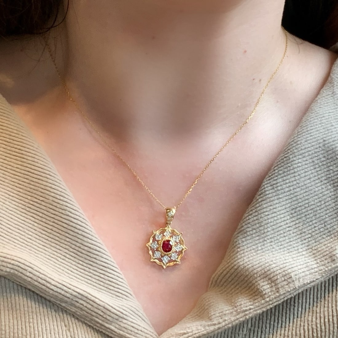 14k Gold 1.07 Ctw Natural Ruby & Diamond Pendant( Without Chain ) - 5