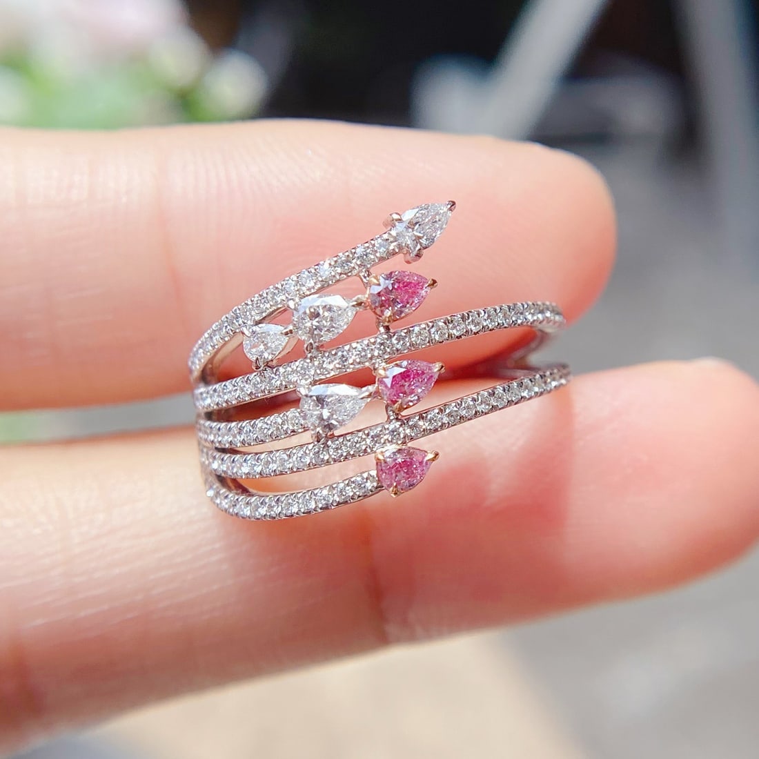 14k Gold 0.63 Ctw Natural Pink Diamond & Diamond Ring: Ref:231134406 // gold content:14k gold // ring size:7. 25us // // main gemstone:pink diamond // shape:pear // carat weight:0. 17ct // color:pink // treatment:natural // // adjacent gemstone 2 :