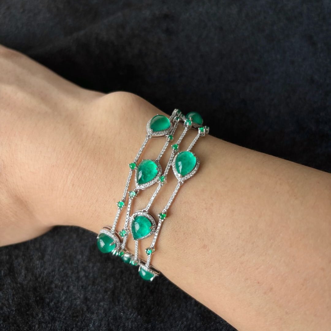 14k Gold 16.30 Ctw Natural Emerald & Diamond Bracelet - 3