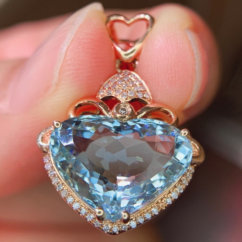 14k Gold 5.9 Ct Natural Aquamarine & Diamond Pendant( Without Chain ) - 5