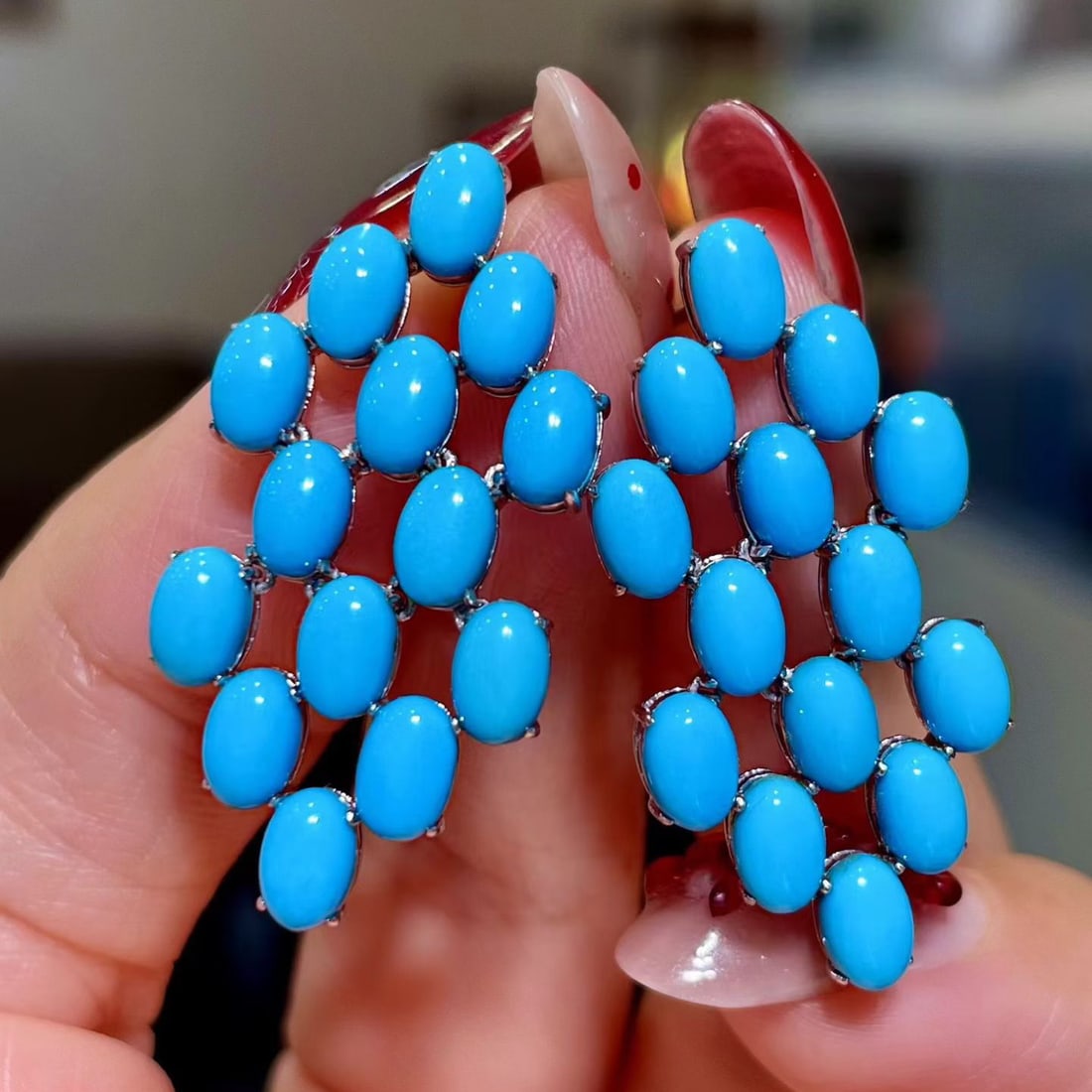 14k Gold 12.52 Ct Natural Blue Turquoise Earrings: Ref:231134427 // gold content:14k gold // main gemstone:blue turquoise // shape:oval // carat weight:12. 52ct // color:blue // treatment:natural // Low Estimate: 4600Condition: NewHigh Estimate: 6900