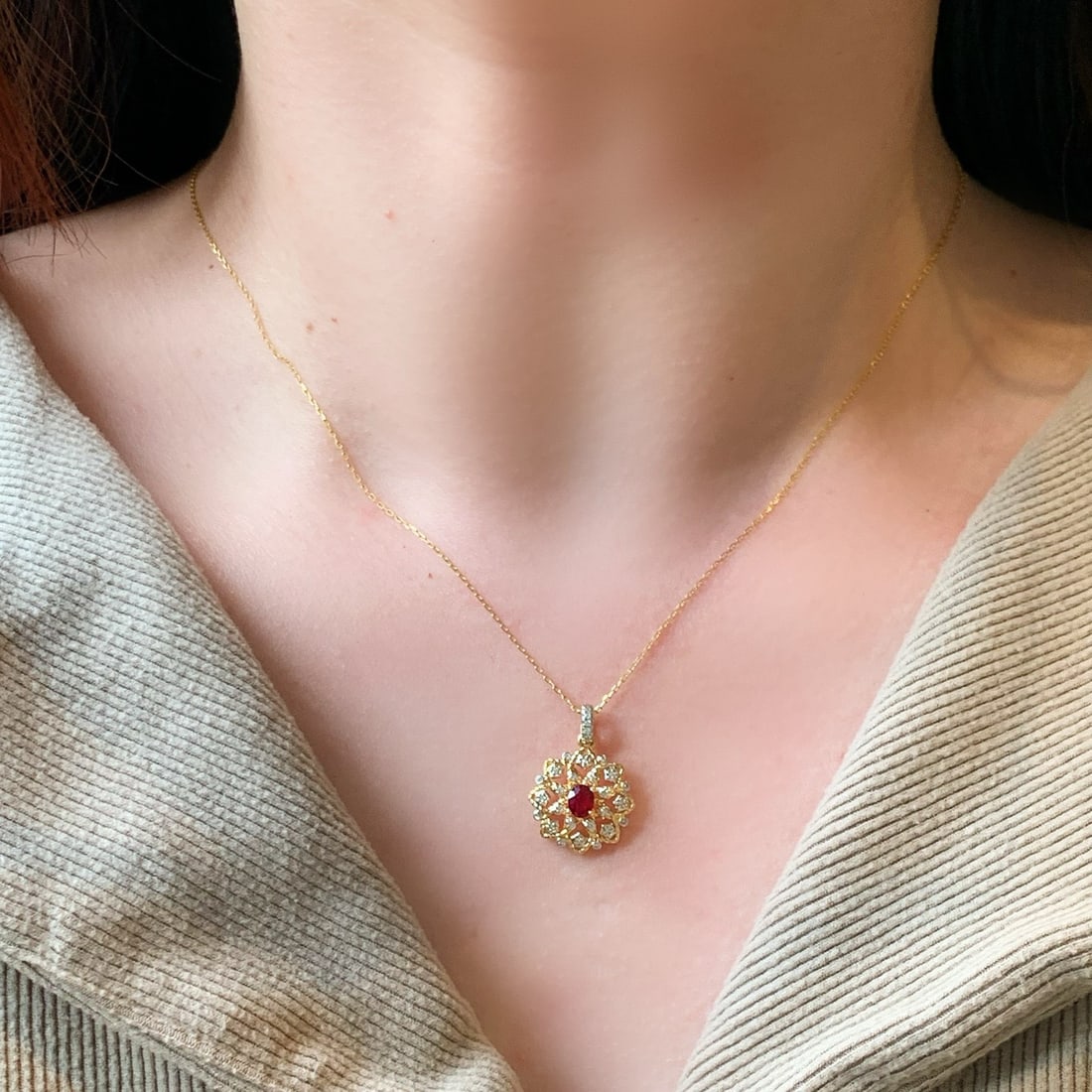 14k Gold 0.38 Ctw Natural Ruby & Diamond Pendant( Without Chain ) - 5