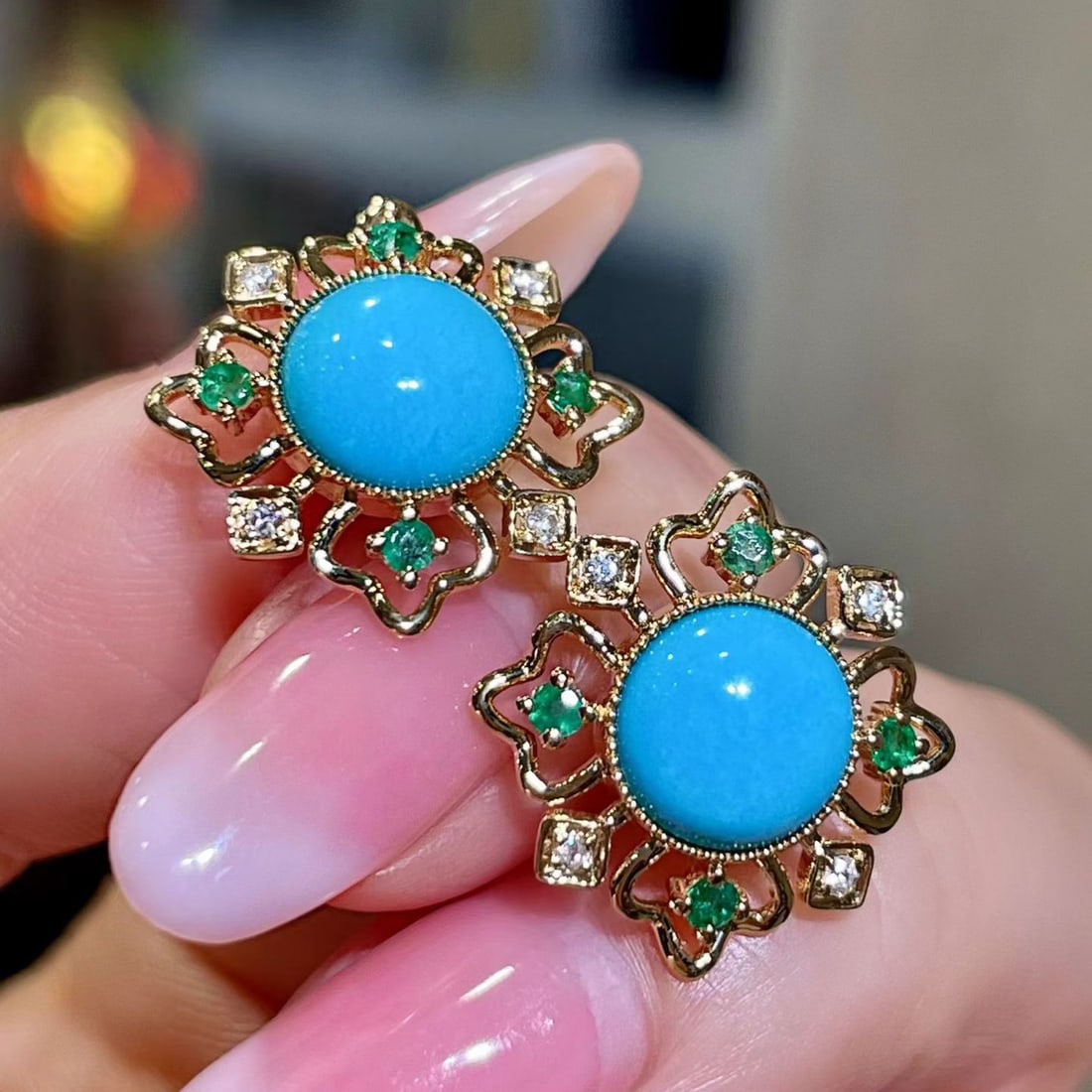 14k Gold 3.77 Ctw Natural Blue Turquoise & Emerald Earrings - 3