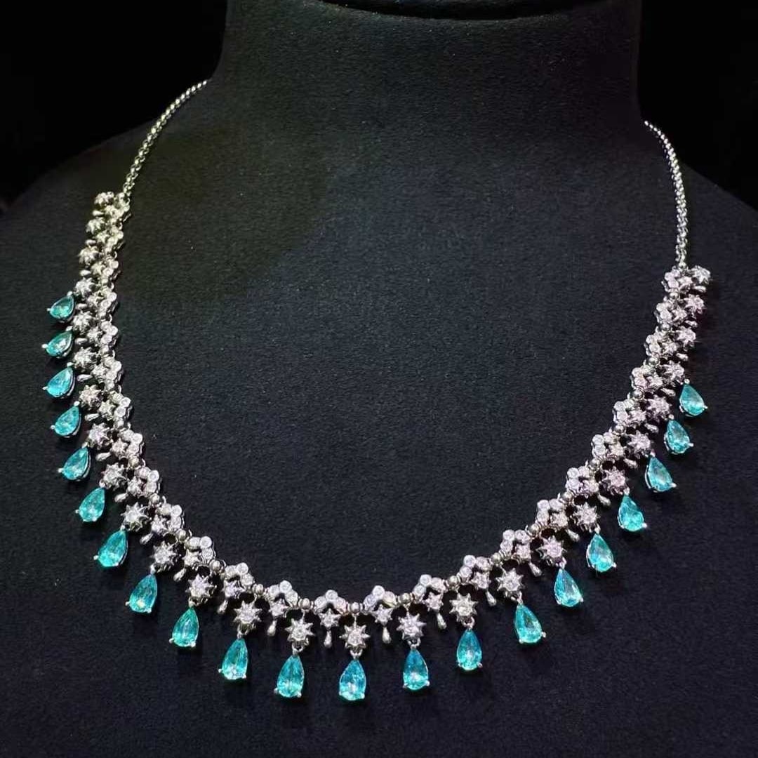 14k Gold 4.86 Ctw Natural Paraiba Tourmaline & Diamond Necklace - 2