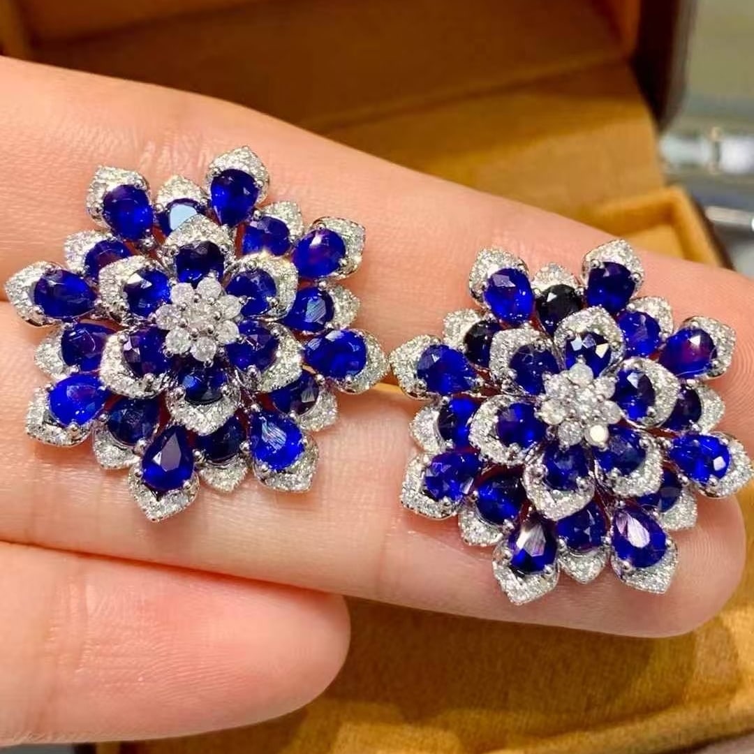 14k Gold 9.2 Ct Natural Sapphire & Diamond Earrings - 3