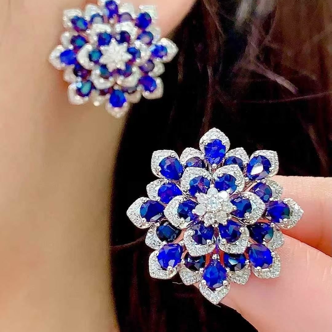 14k Gold 9.2 Ct Natural Sapphire & Diamond Earrings - 5