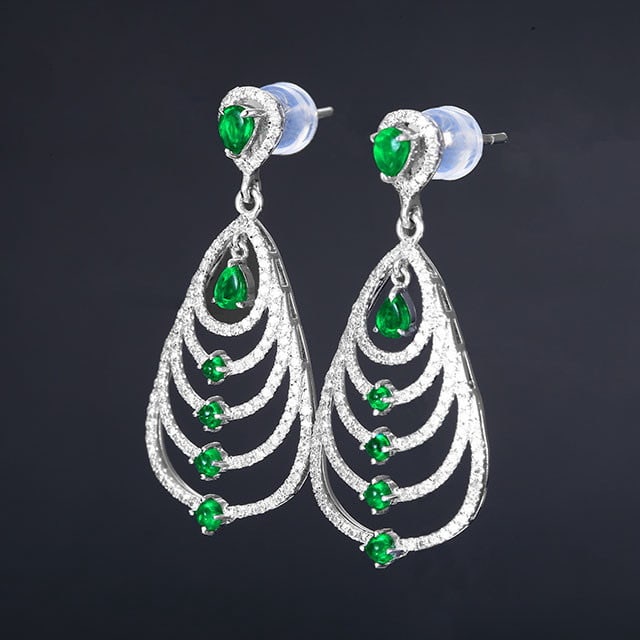 14k Gold 1.56 Ctw Vivid Green Natural Emerald & Diamond Earrings: Ref:231129030 // gold content:14k gold // main gemstone:emerald // shape:multiple // carat weight:0. 85ct // color:vivid green // treatment:natural // // adjacent gemstone 2 : diamond // number of