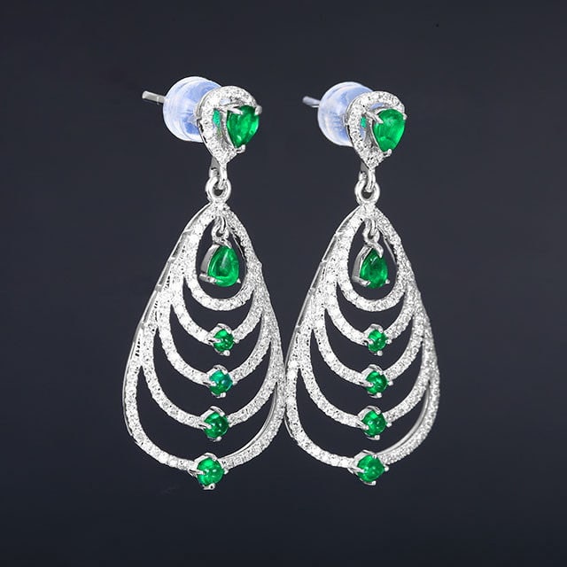 14k Gold 1.56 Ctw Vivid Green Natural Emerald & Diamond Earrings - 2