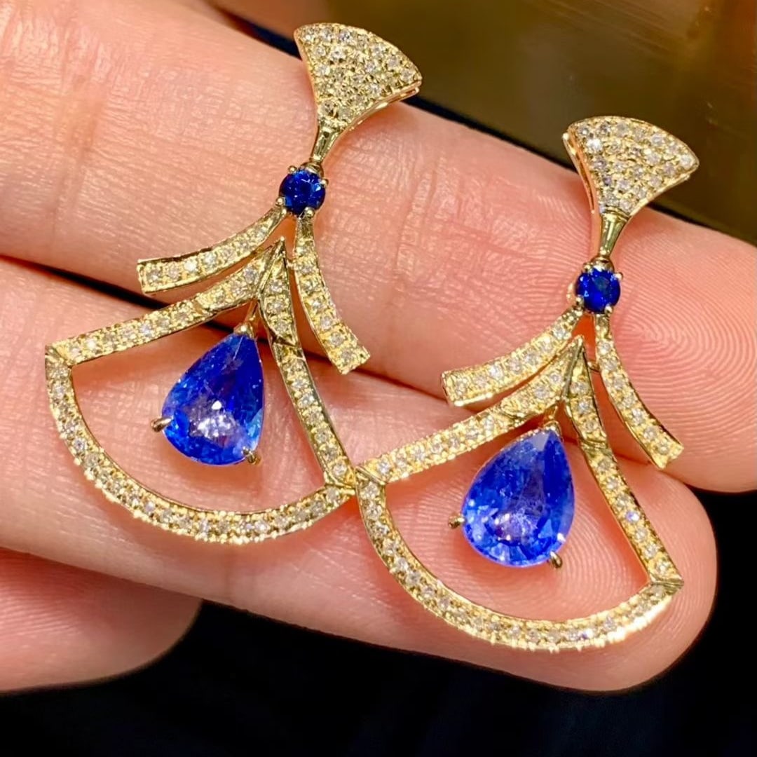14k Gold 1.6 Ct Natural Sapphire & Diamond Earrings - 2