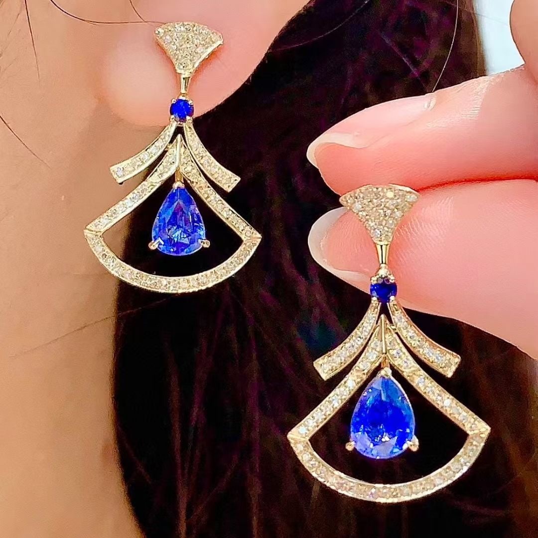 14k Gold 1.6 Ct Natural Sapphire & Diamond Earrings - 4