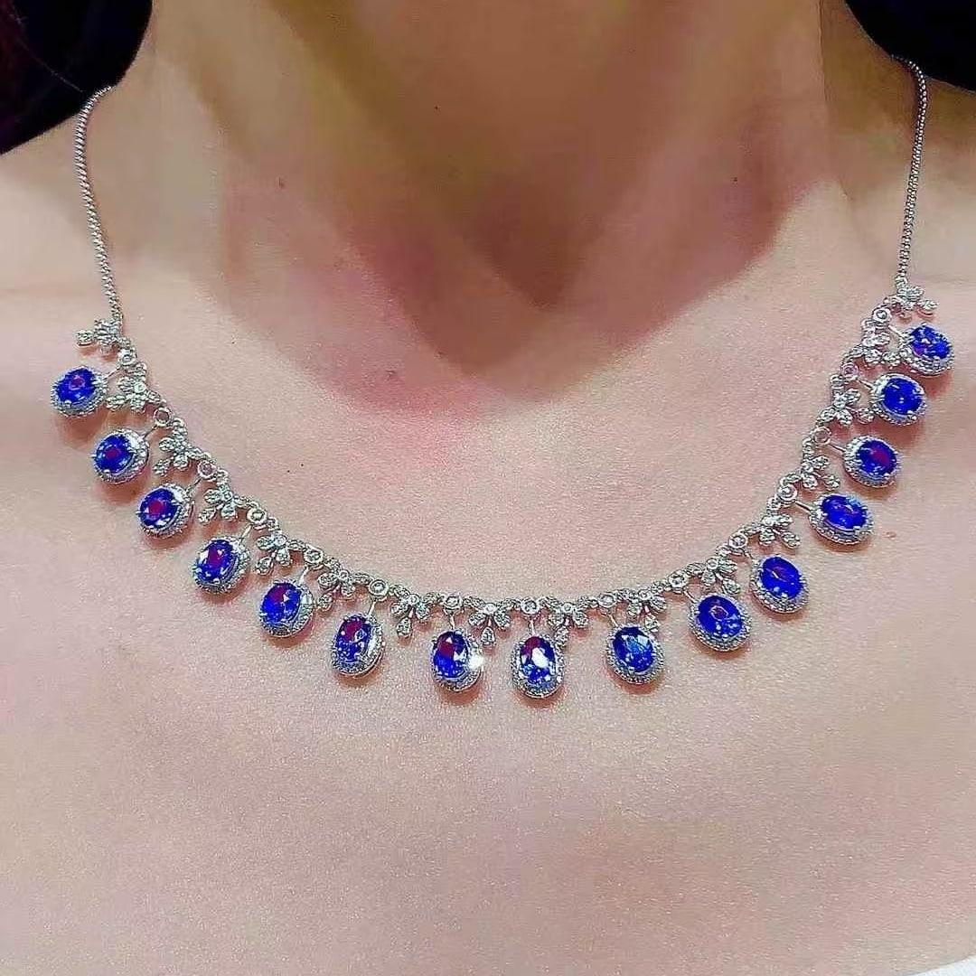 14k Gold 9.3 Ct Natural Sapphire & Diamond & Sapphire Necklace - 5