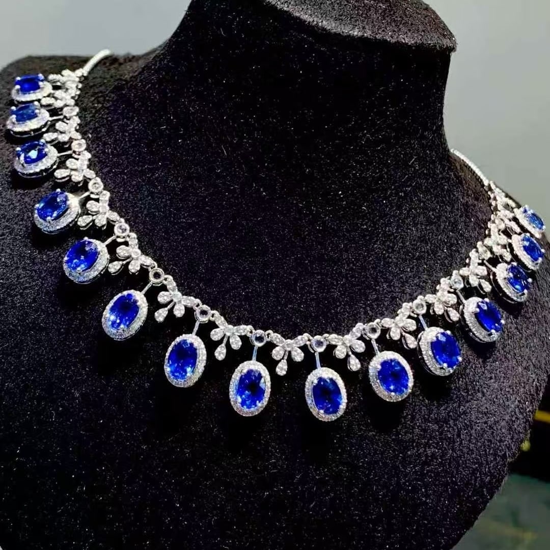 14k Gold 9.3 Ct Natural Sapphire & Diamond & Sapphire Necklace - 6