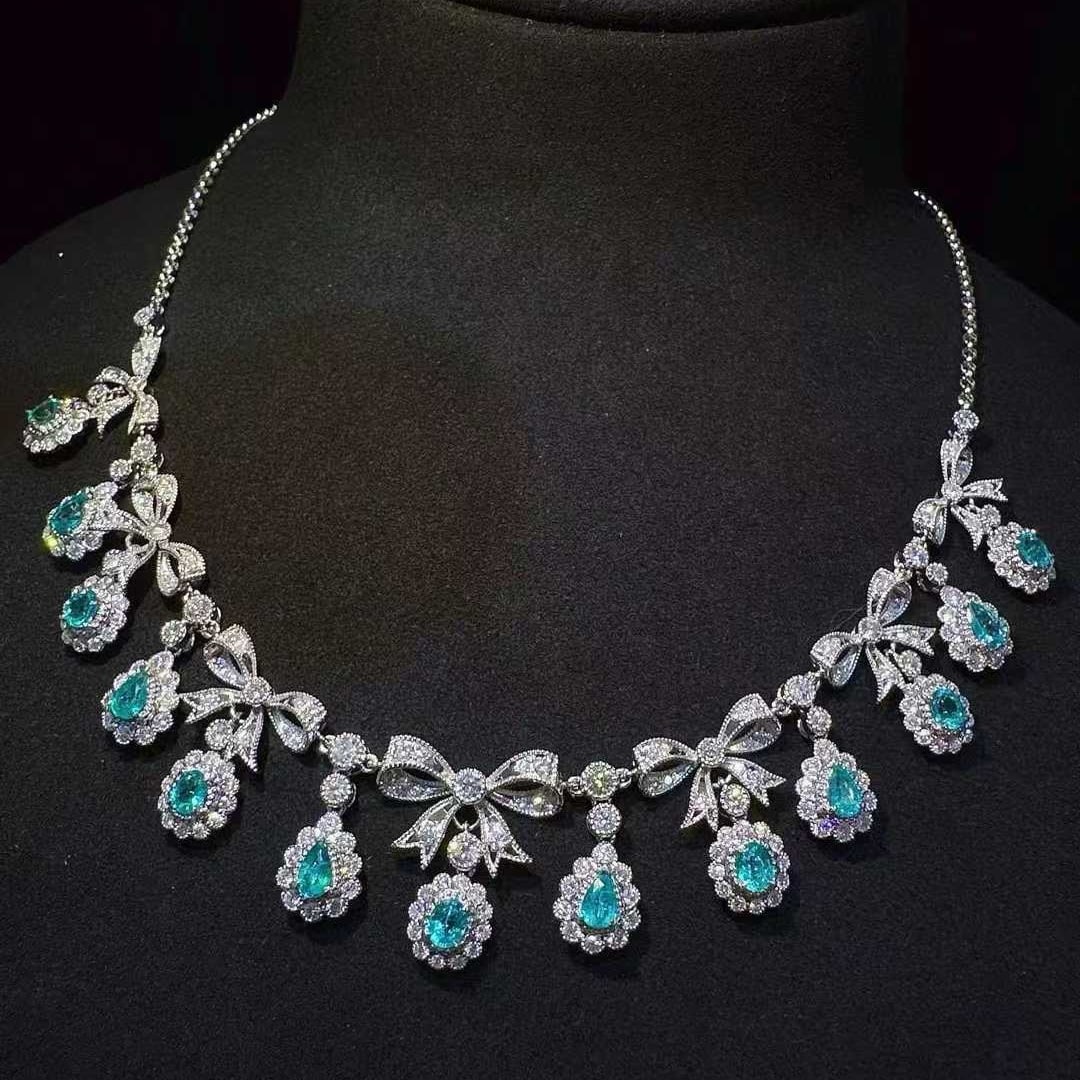 14k Gold 5.93 Ctw Natural Paraiba Tourmaline & Diamond Necklace - 2