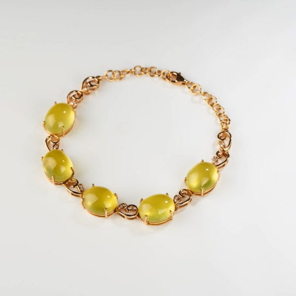 14k Gold 22.5 Ct Natural Prehnite & Diamond Bracelet - 6