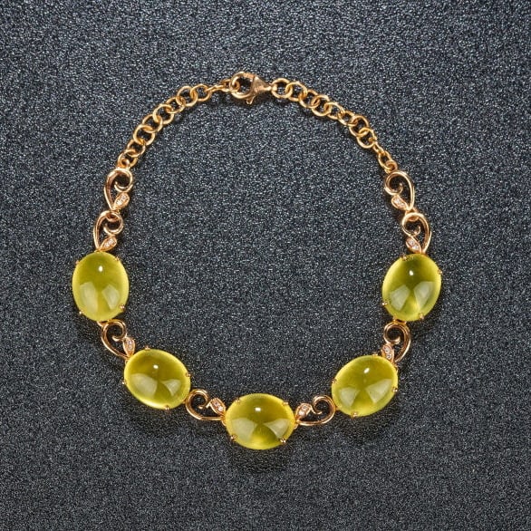 14k Gold 22.5 Ct Natural Prehnite & Diamond Bracelet - 7