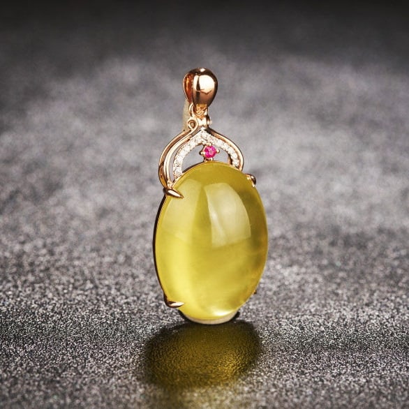 14k Gold 23.66 Ct Natural Prehnite & Diamond & Ruby Pendant( Without Chain ) - 2