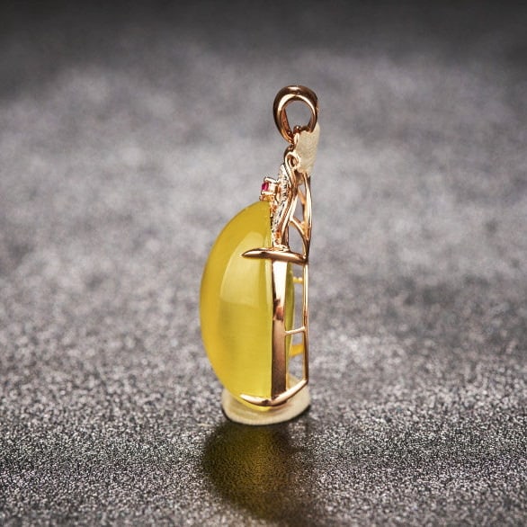 14k Gold 23.66 Ct Natural Prehnite & Diamond & Ruby Pendant( Without Chain ) - 4