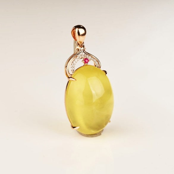 14k Gold 23.66 Ct Natural Prehnite & Diamond & Ruby Pendant( Without Chain ) - 7