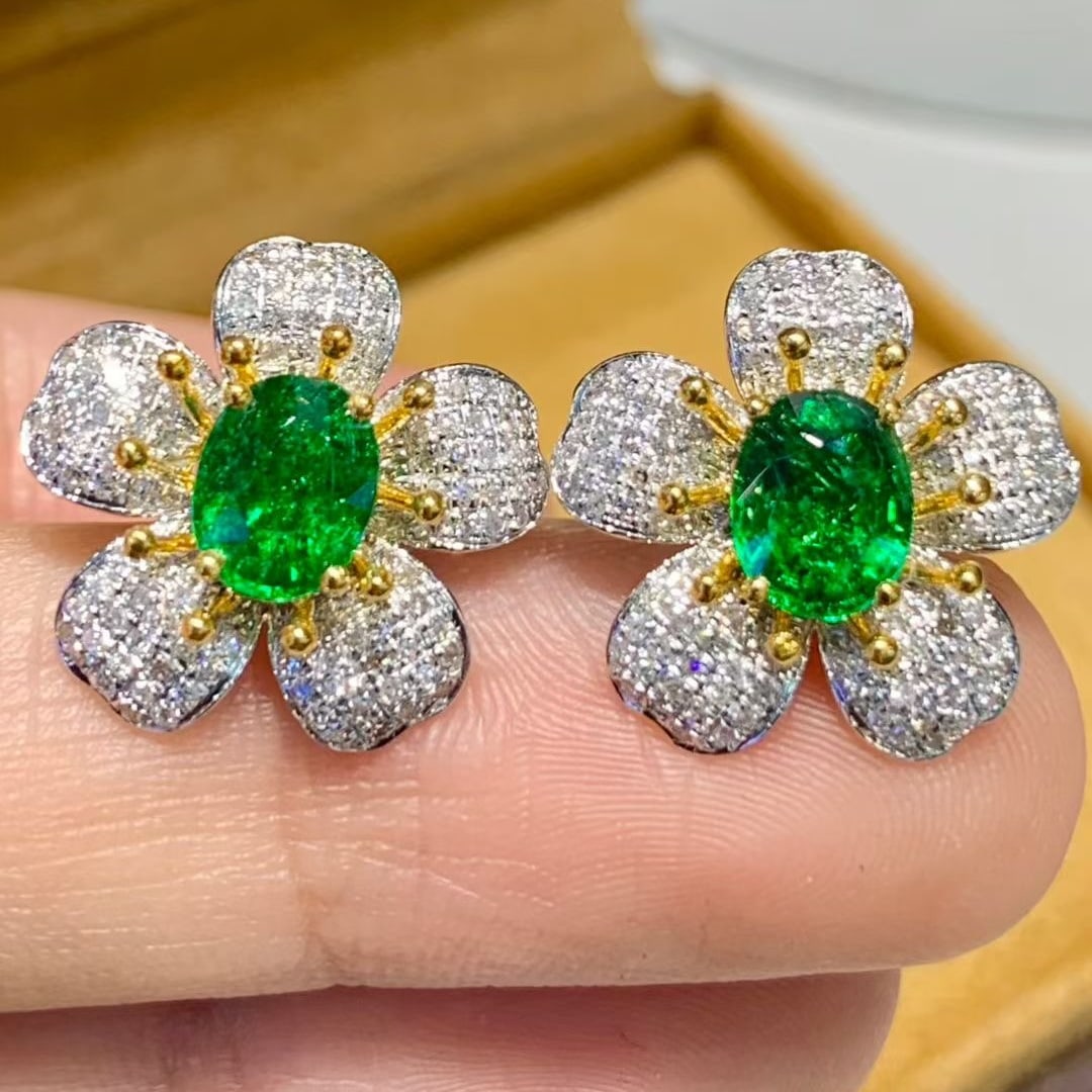 14k Gold 2.1 Ct Vivid Green Natural Tsavorite & Diamond & Flowers Earrings - 2