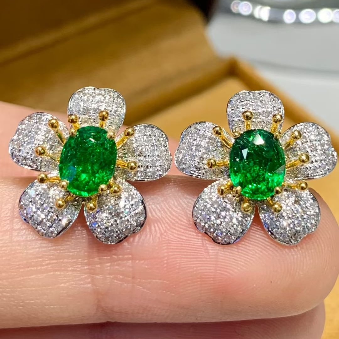 14k Gold 2.1 Ct Vivid Green Natural Tsavorite & Diamond & Flowers Earrings - 4