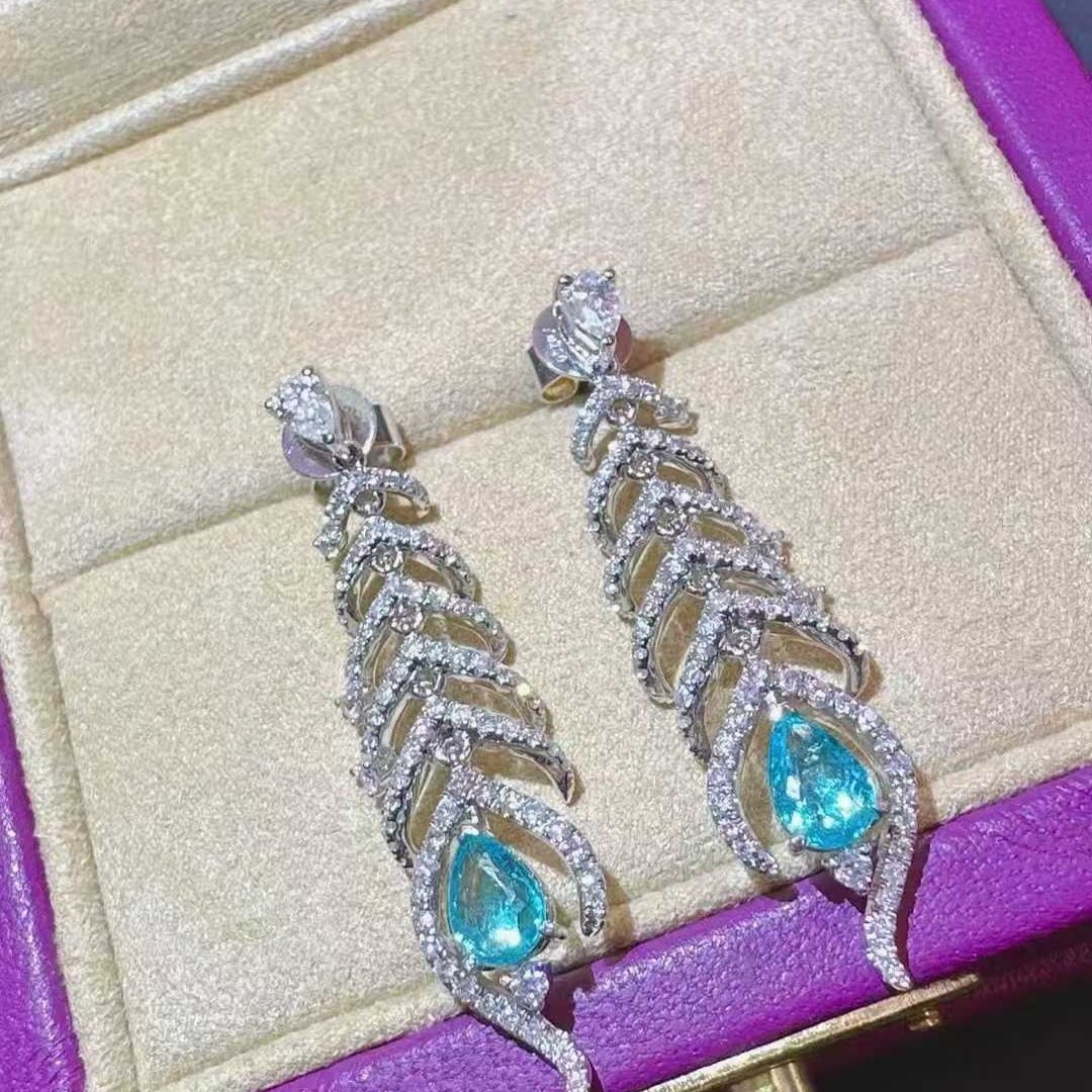14k Gold 1.60 Ctw Natural Paraiba Tourmaline & Diamond Earrings - 2