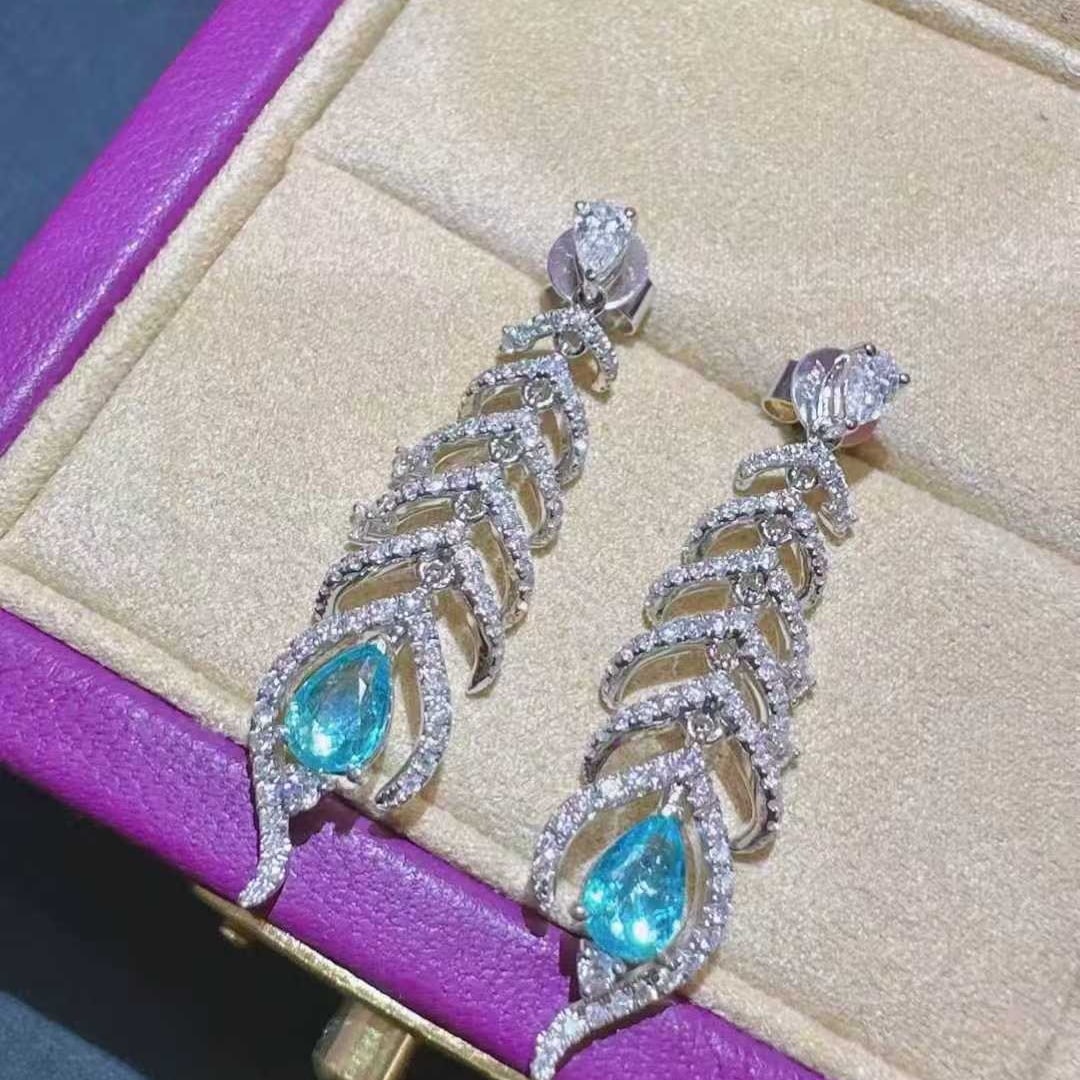 14k Gold 1.60 Ctw Natural Paraiba Tourmaline & Diamond Earrings - 4
