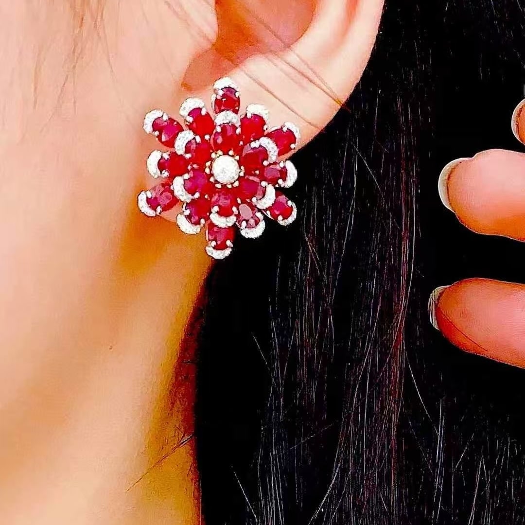 14k Gold 11.25 Ct Natural Ruby & Diamond Earrings - 5