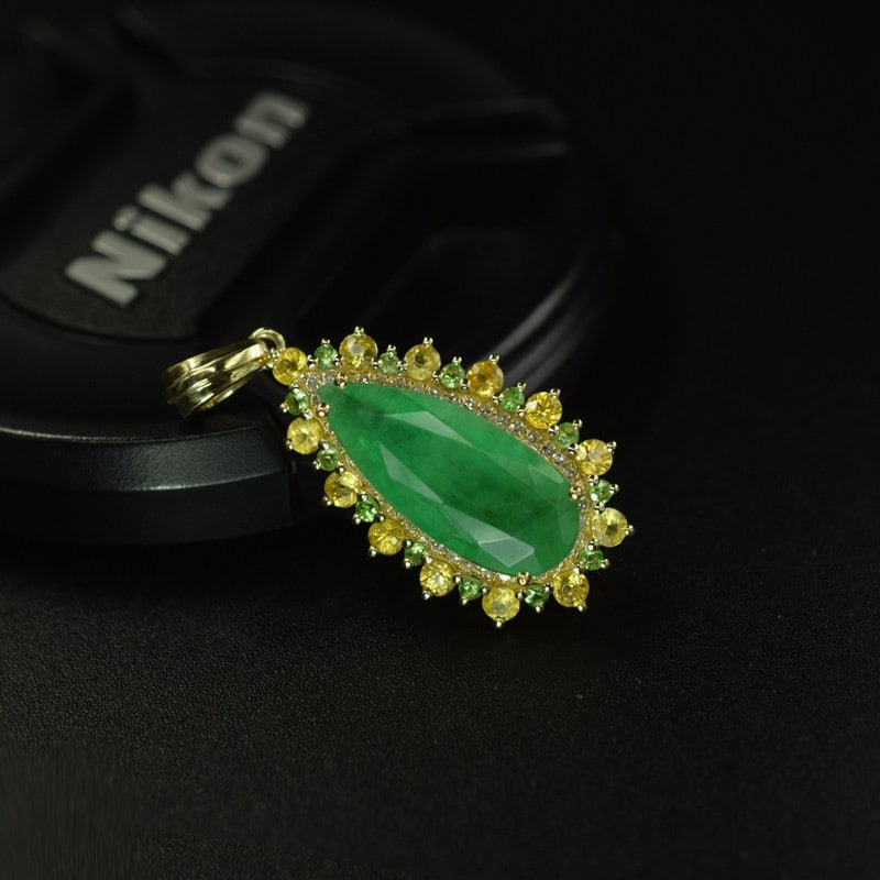 14k Gold 3.32 Ctw Natural Emerald & Tsavorite Pendant( Without Chain ) - 3