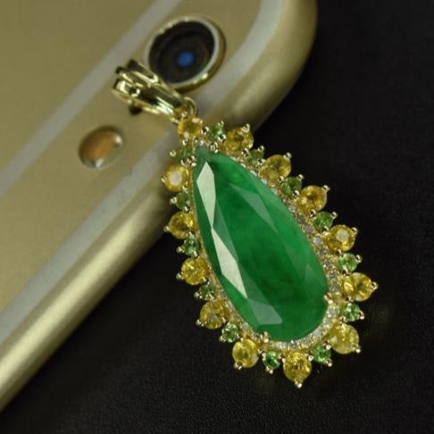 14k Gold 3.32 Ctw Natural Emerald & Tsavorite Pendant( Without Chain ) - 5