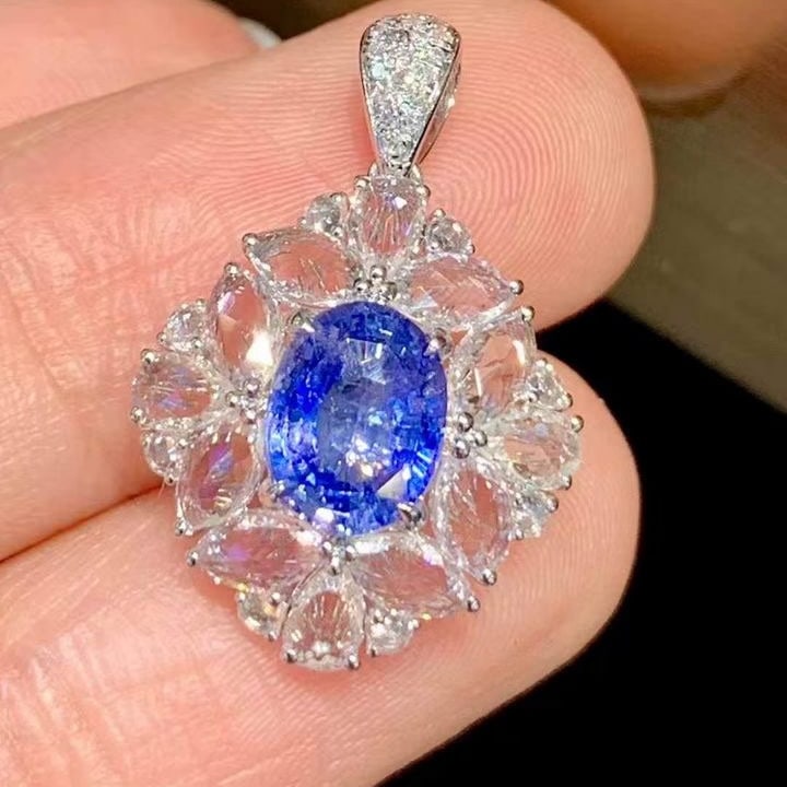 14k Gold 1.45 Ct Natural Sapphire & Diamond & Sapphire Pendant( Without Chain ) - 2