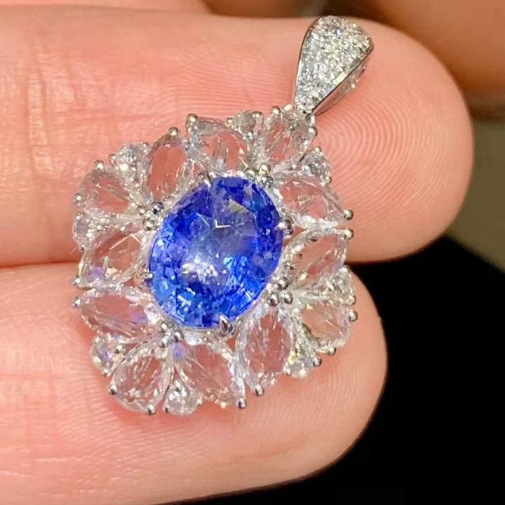 14k Gold 1.45 Ct Natural Sapphire & Diamond & Sapphire Pendant( Without Chain ) - 3