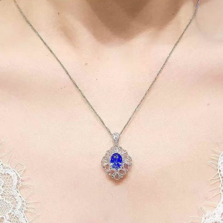 14k Gold 1.45 Ct Natural Sapphire & Diamond & Sapphire Pendant( Without Chain ) - 5