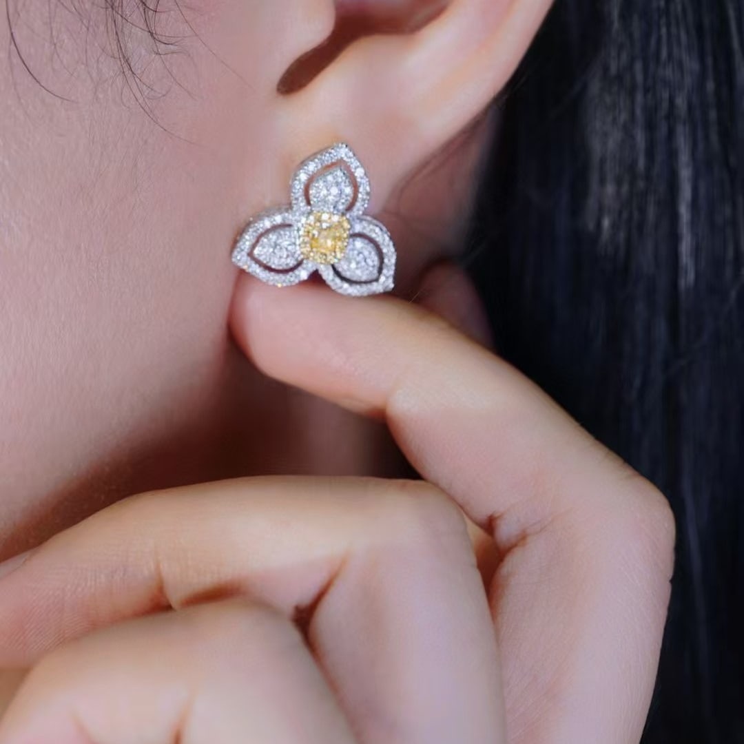 14k Gold 1.00 Ctw Natural Yellow Diamond & Diamond Earrings - 2