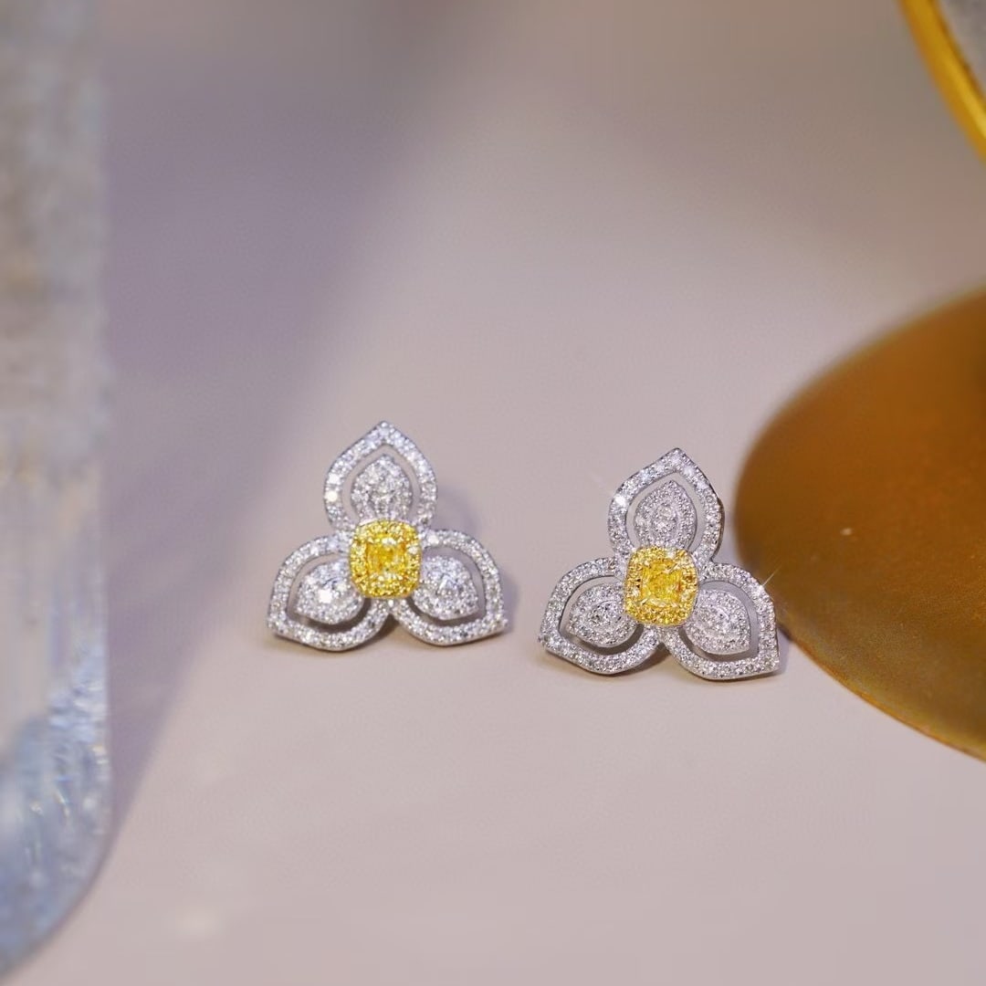 14k Gold 1.00 Ctw Natural Yellow Diamond & Diamond Earrings - 3