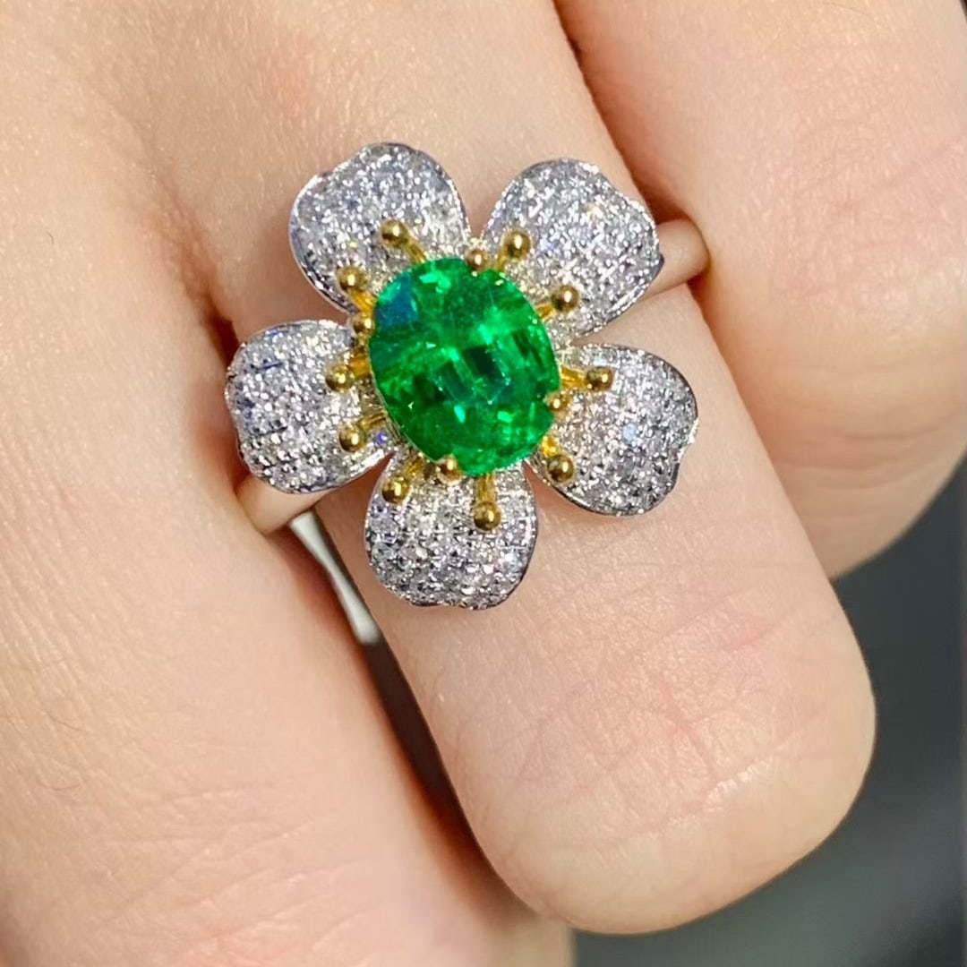 14k Gold 1.4 Ct Vivid Green Natural Tsavorite & Diamond & Flowers Ring - 4