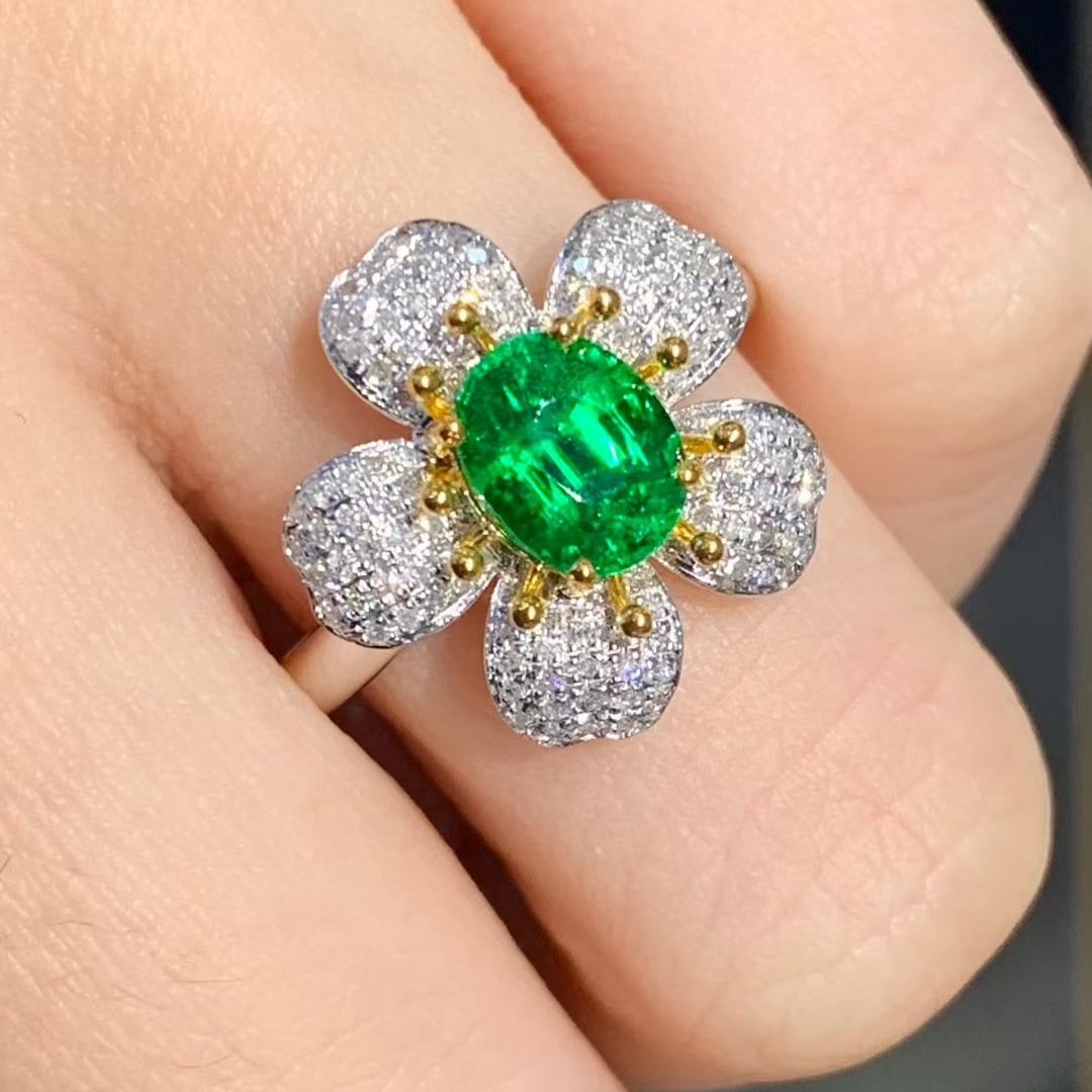 14k Gold 1.4 Ct Vivid Green Natural Tsavorite & Diamond & Flowers Ring - 5