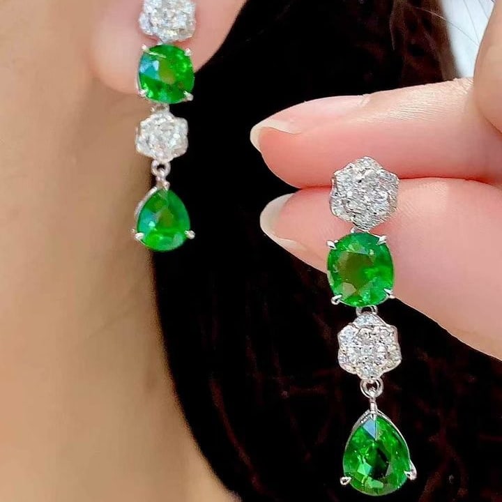14k Gold 5.05 Ct Vivid Green Natural Tsavorite & Diamond Earrings - 5
