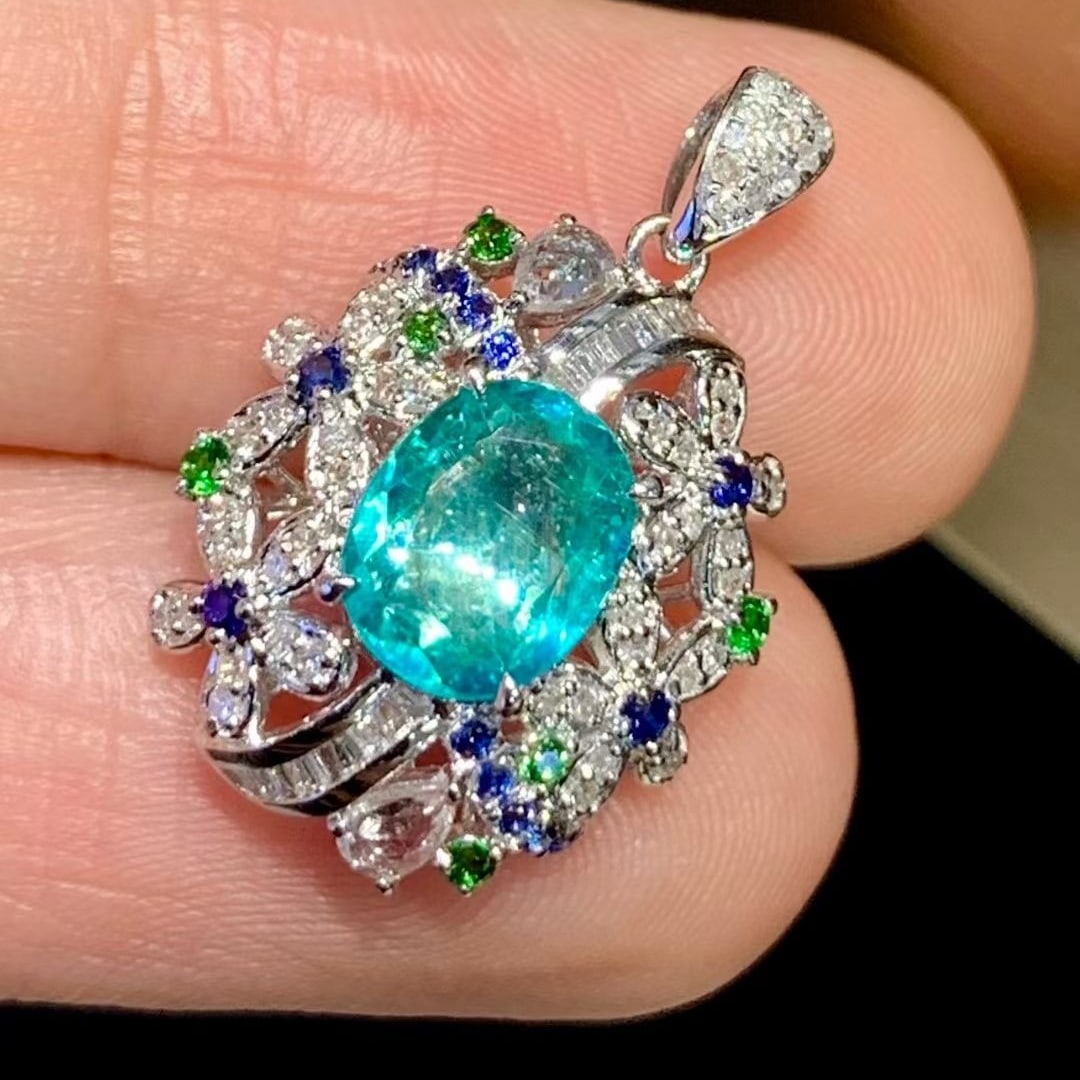 14k Gold 0.95 Ct Natural Paraiba Tourmaline & Diamond Pendant( Without Chain ) - 2