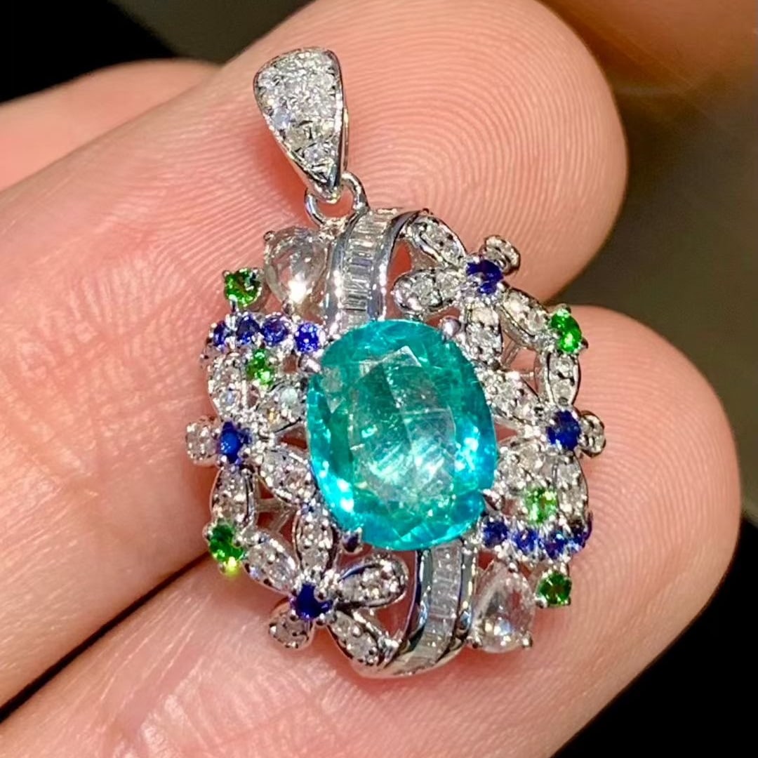 14k Gold 0.95 Ct Natural Paraiba Tourmaline & Diamond Pendant( Without Chain ) - 3